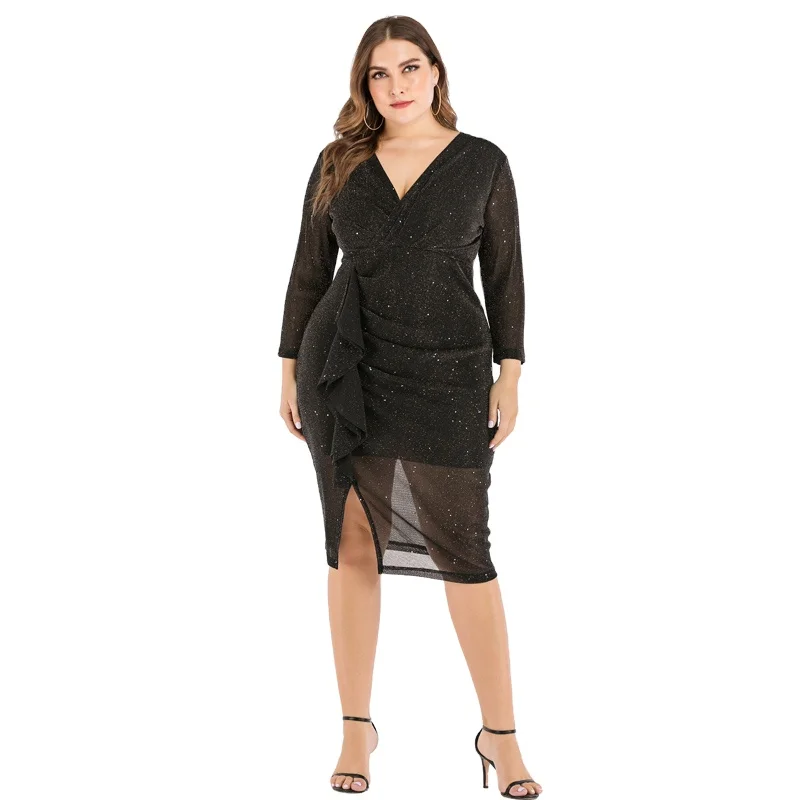 

Wholesale High Quality See-through V-neck Slim Slit For Lady Plus-size Dress