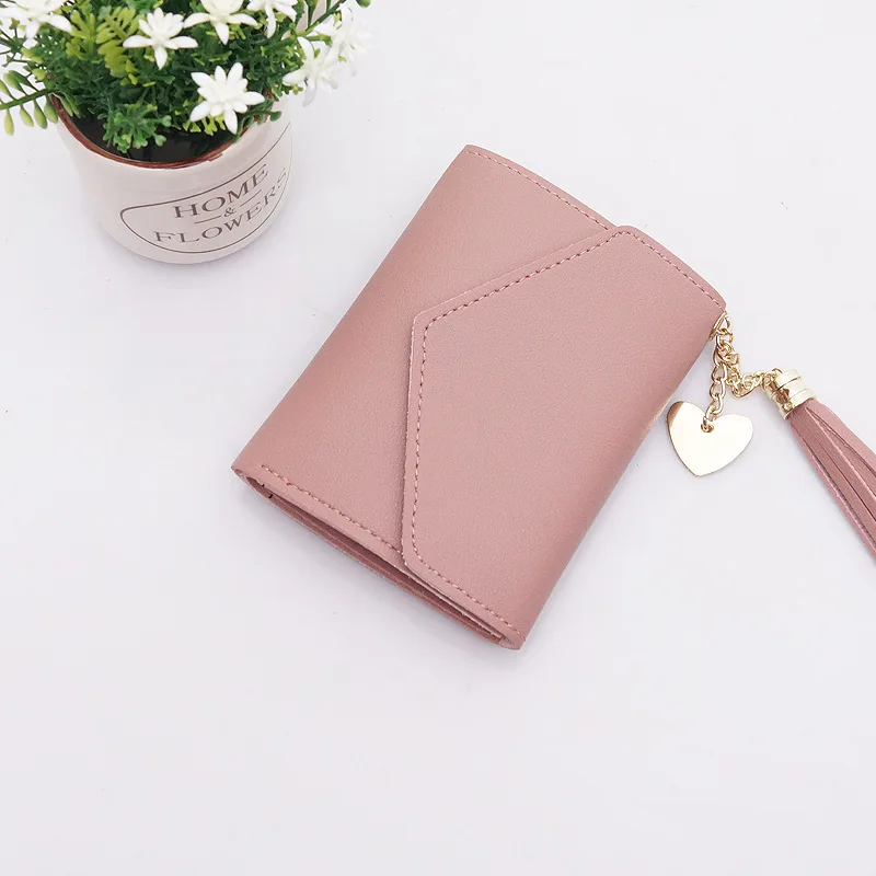 

Wholesale short purse female student Korean version love fringed collapsible wallet mini fresh multi-functional folding wallet, Deep pink,black,pink,purple,gray