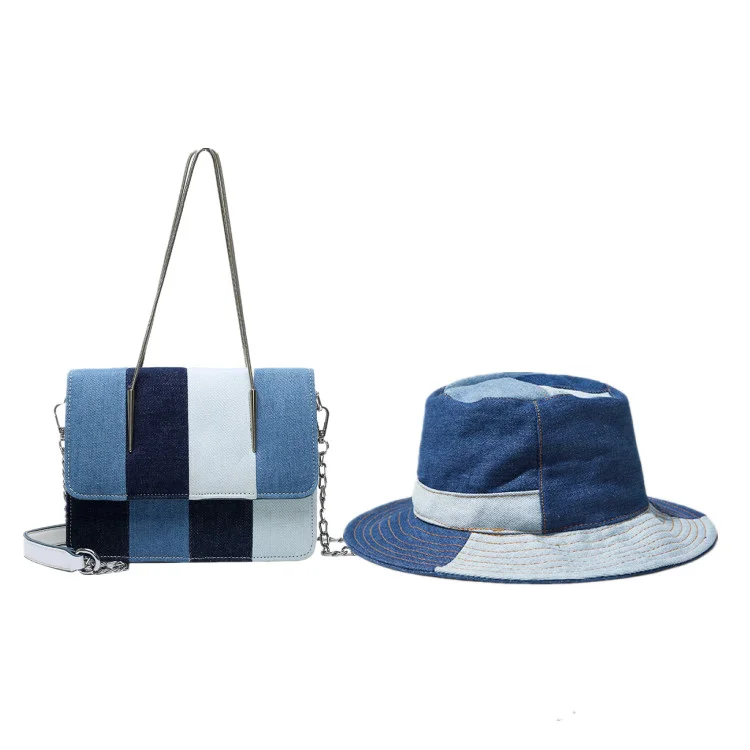 

Ladies denim blue handbags hat and purse sets women hand bags with matching bucket hats set