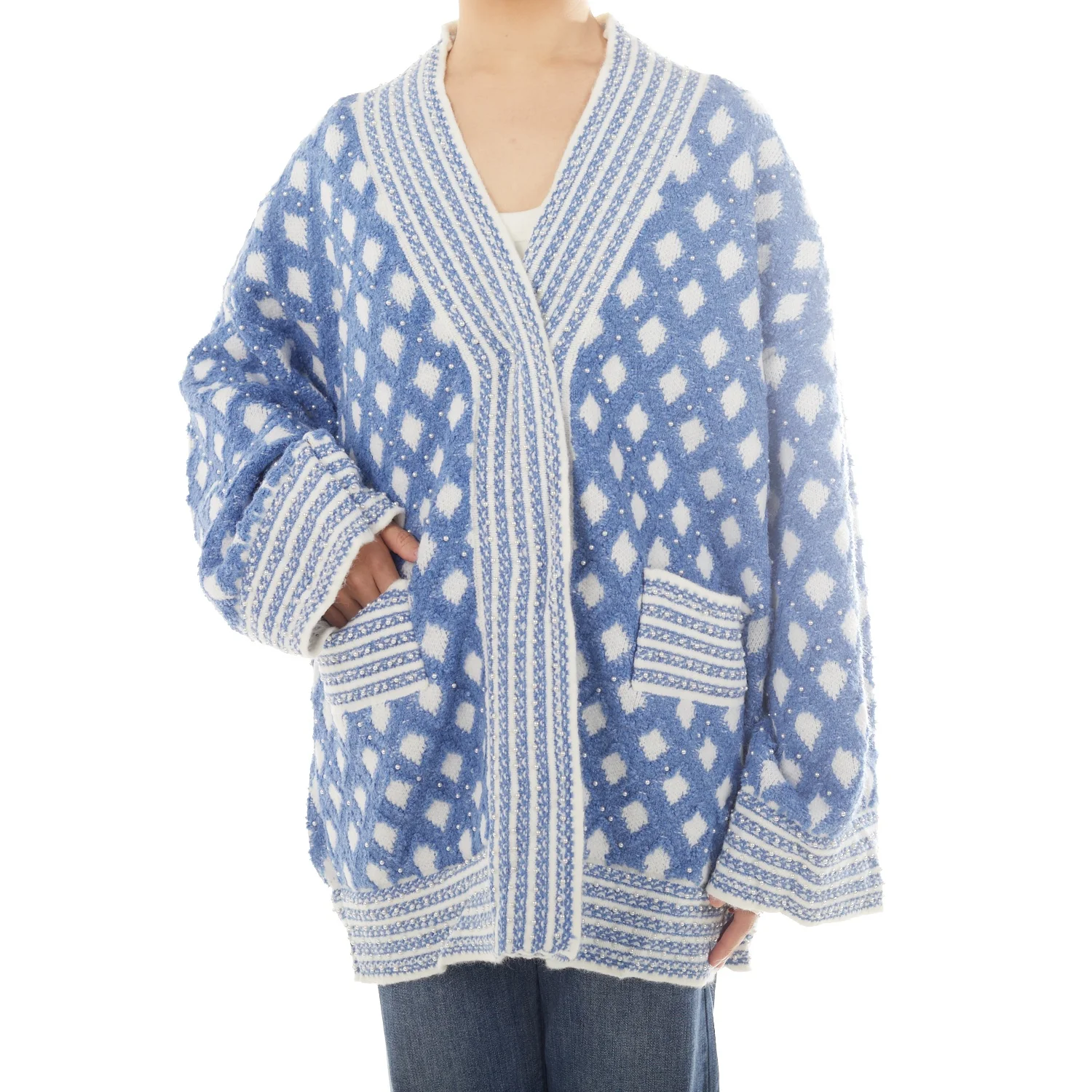 

YINJ Fashion Stylish Blue Soft Cotton Classy Long Cardigan Pocket Sequined Oversized Women Sweater 2022, Sky blue