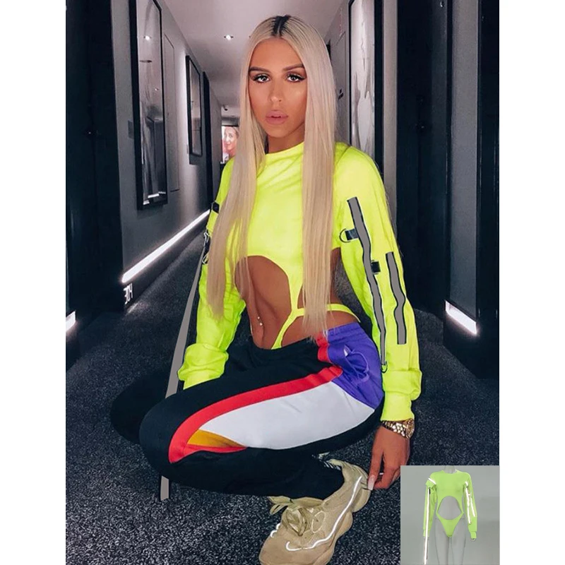 Free Shipping Reflective top selling products autumn winter ladies streetwear bodysuit style long sleeve women tops bodysuit
