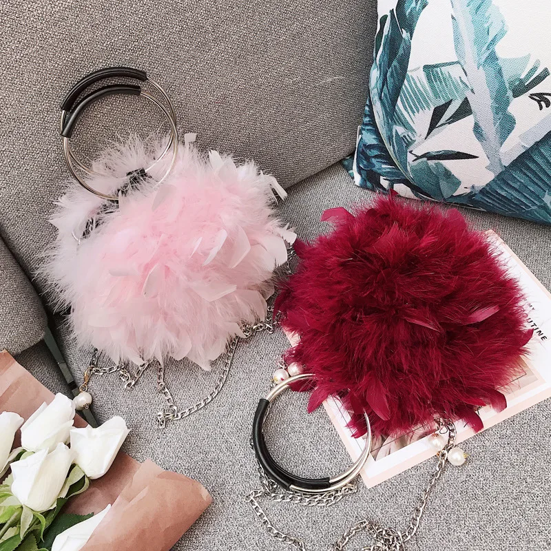 

Women Shoulder Bag Messenger Clutch Bag plush chain fashion feather handbag one-shoulder luxury NEW bag