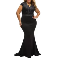 

Short Sleeve Beading XXXL Biggest Size Long Black Evening Dress Lady