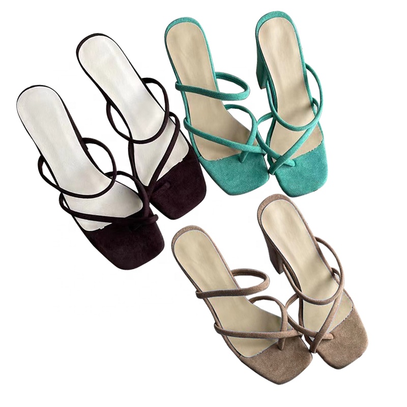 

New Soild Color Criss Cross Strap Thick High Heel Sandals For Women And Ladies