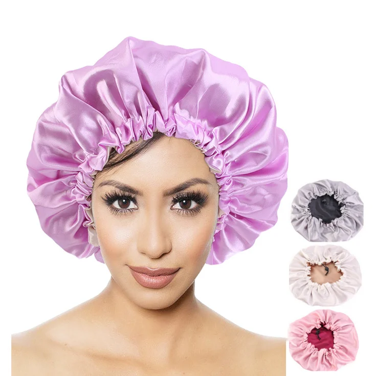 

Custom Hot Sale Adjustable Plain Silky Hair Bonnets Night Sleep Solid Color Double Layer Adjust Size Satin Bonnet for Women