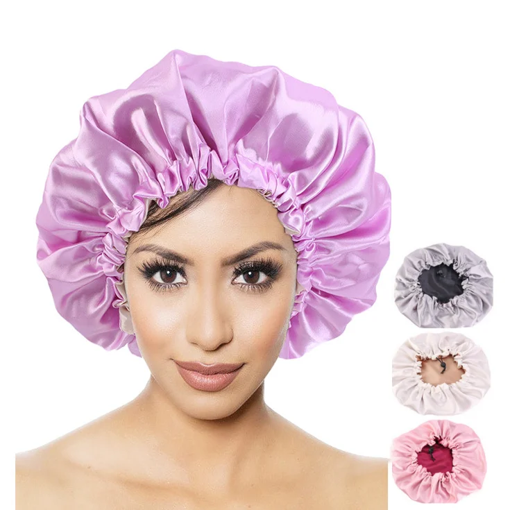 Custom Hot Sale Adjustable Plain Silky Hair Bonnets Night Sleep Solid Color Double Layer Adjust Size Satin Bonnet for Women