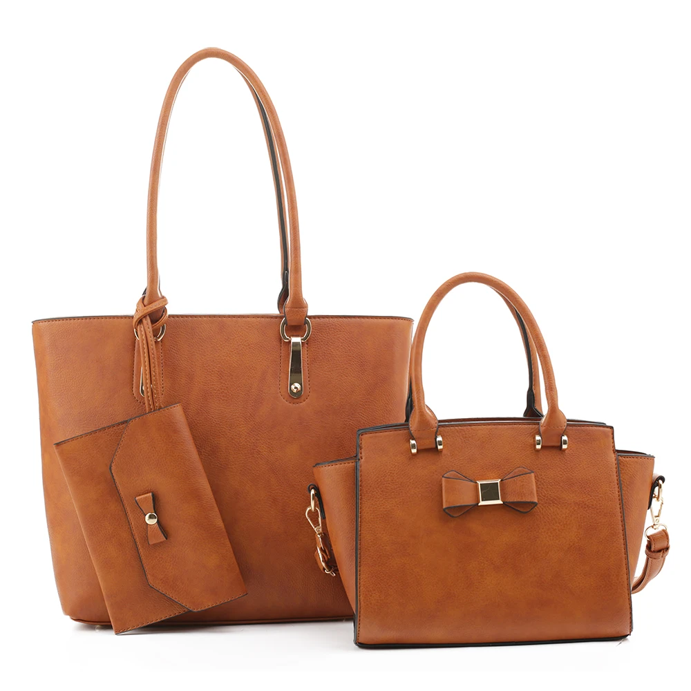 

High Quality Wholesale Vegetable Leather Top Handle 3-in-1 Shopper Bag Women Shoulder Handbag Set, Customized color