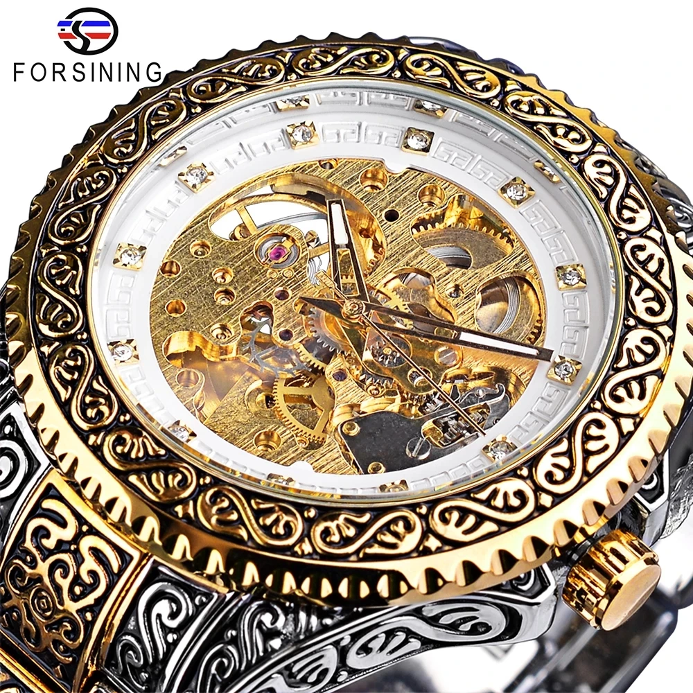 

Forsining Automatic Men's Wristwatch Retro Mechanical Watches Diamond Analog Clock Hollow Waterproof New Men's Fashion Watch, 2 colors