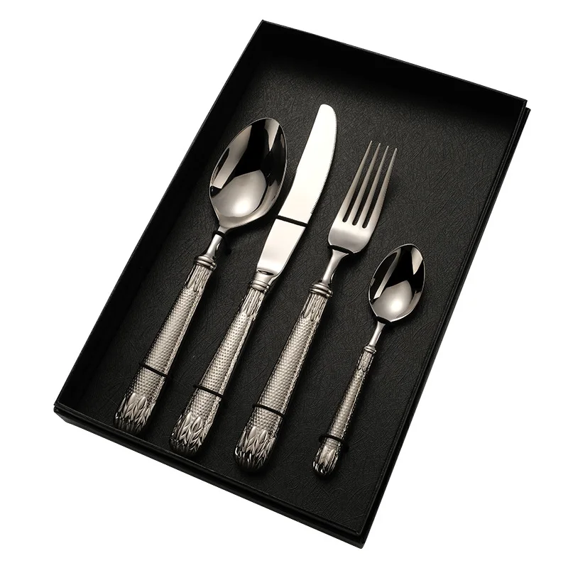 High Quality Custom Flower Style  Classic 4 Piece Gold Silver Black Stainless Steel Cutlery Set for GIft Weeding Party