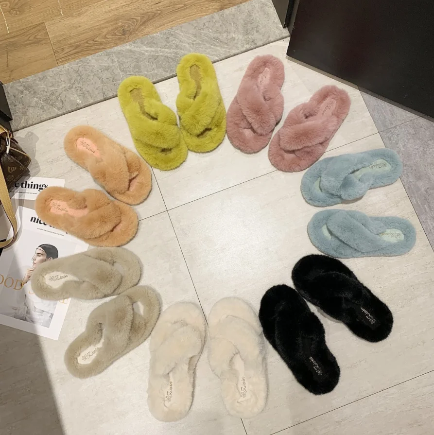 

Wholesale Women Flat Furry Slippers Plush Pink Indoor Fluffy Slippers, Optional