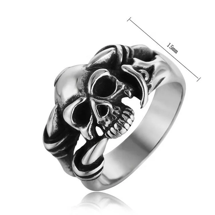 

SC Europe Personalized Retro Gothic Skull Rings Jewelry Hip Hop Rock 15mm Chunky Silver Stainless Steel Men Ring