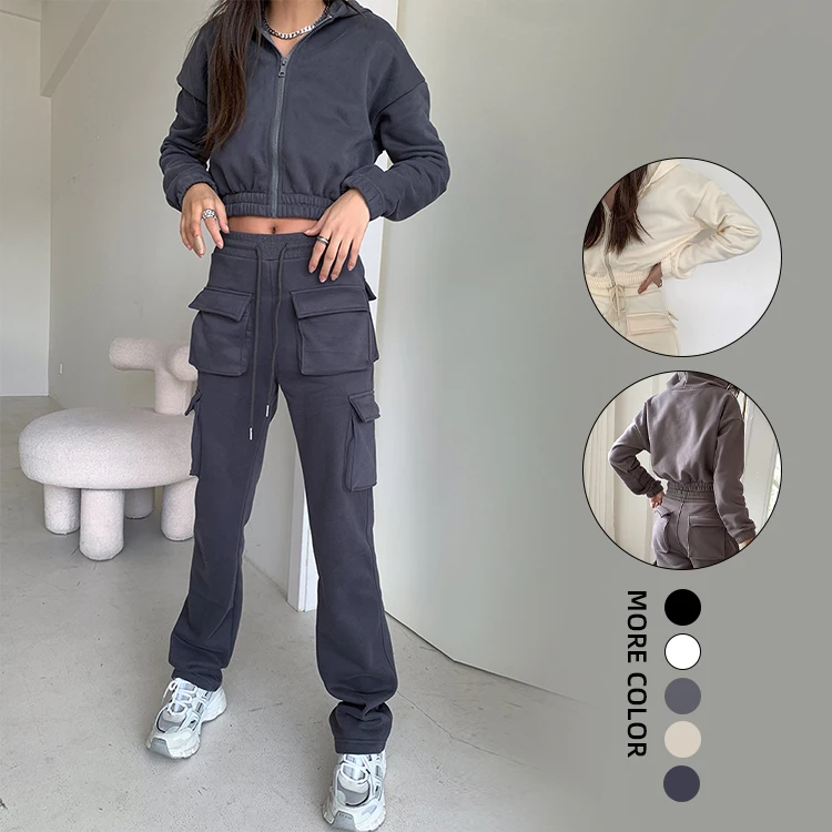 

Customize women cotton crop top jogging suits causal zipper up hoodie and sweat pant sets, Customized colors