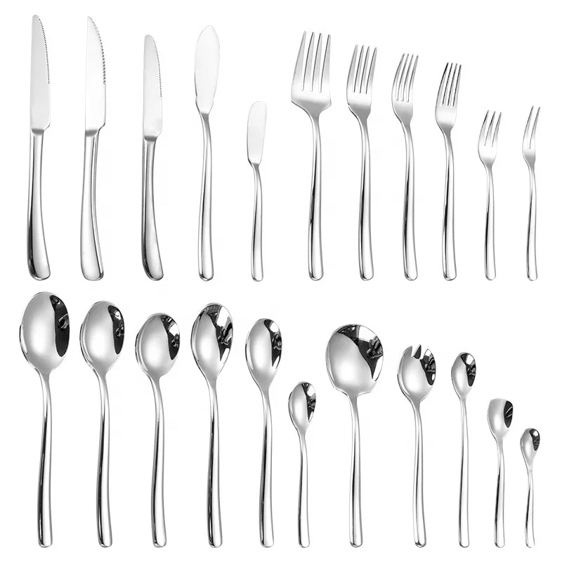 

High Quality Flatware Spoon Fork and Knife Set Restaurant Cutlery Set Stainless Steel Mirror Metal Silverware OEM Surface Hotel, Silver cutlery set