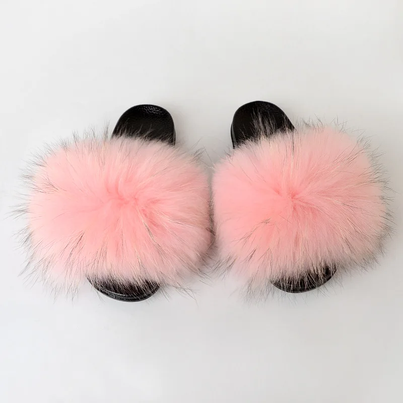 

2021 factory direct sale new style fur sandals soft racoon fur slides slippers pink for women, Customized color