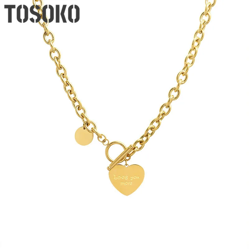 

Stainless Steel Jewelry Hip Hop Thick Chain Round Brand OT Clasp Love Heart Pendant Necklace Female Clavicle Chain BSP886