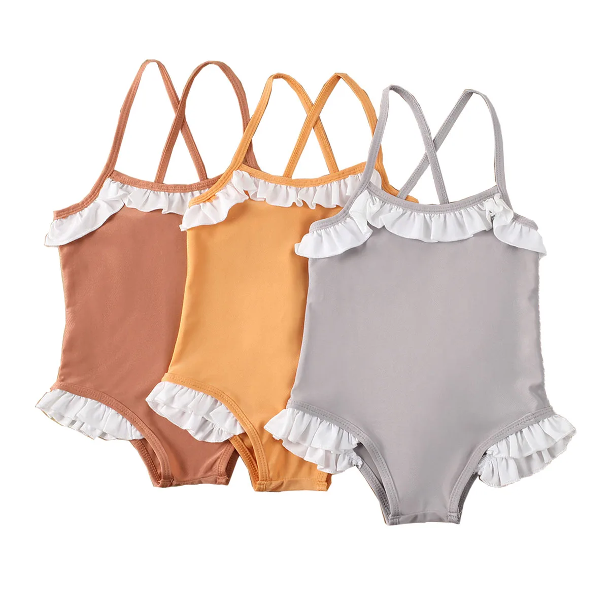 

Children girls solid ruffle swimwear one piece suspender beachwear kids bathing suits swimsuit