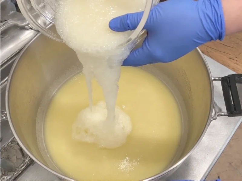 Pouring lye solution into oils for soap making