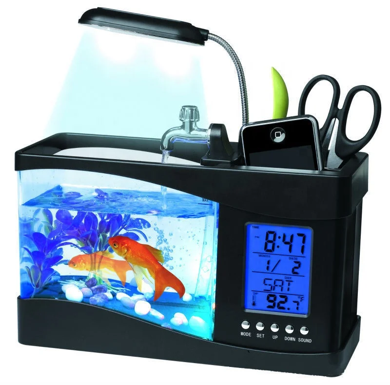 

USB Mini office desktop aquarium fish farming tanks for sale LED lamp underwater gradient Dream fish tank supplier, Black , white