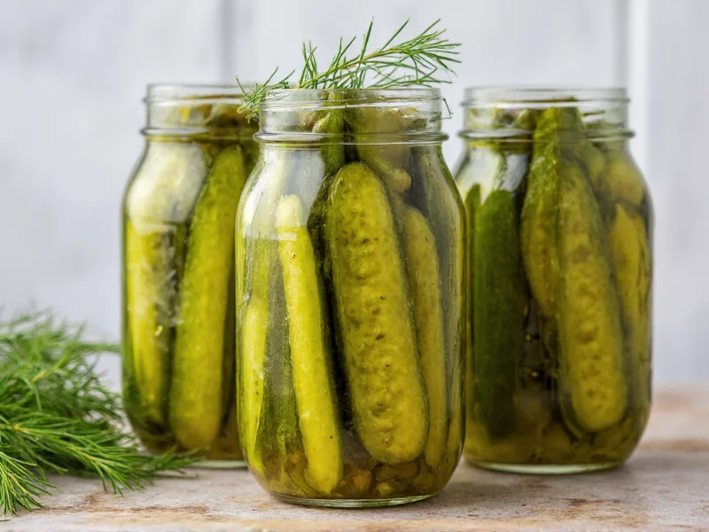 Homemade pickles in glass jars with fresh dill