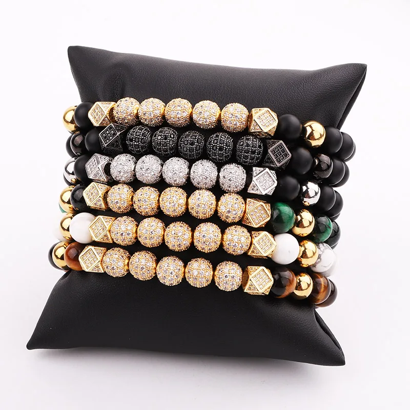 

2020 New Fashion Luxury CZ Ball Natural Stone Custom Logo Elastic Men Bracelet