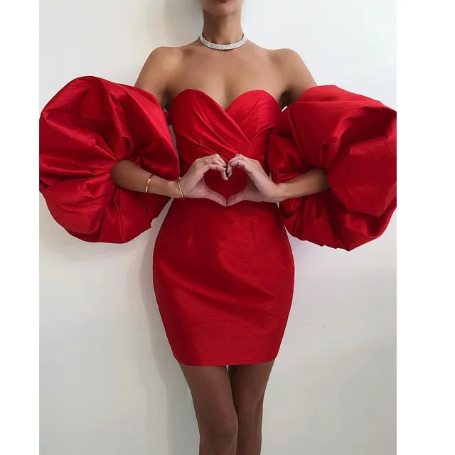 

Off shoulder tight puff sleeve short dress ladies mini dress party tube dress, Customized colors