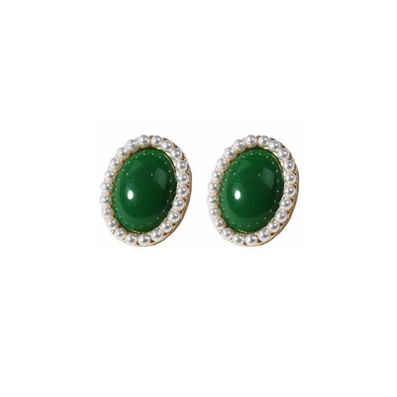 

Vintage Geometric Oval Red Green Stone Stud Earring Simple Temperament Studded With Small Pearl Women Earring Jewelry