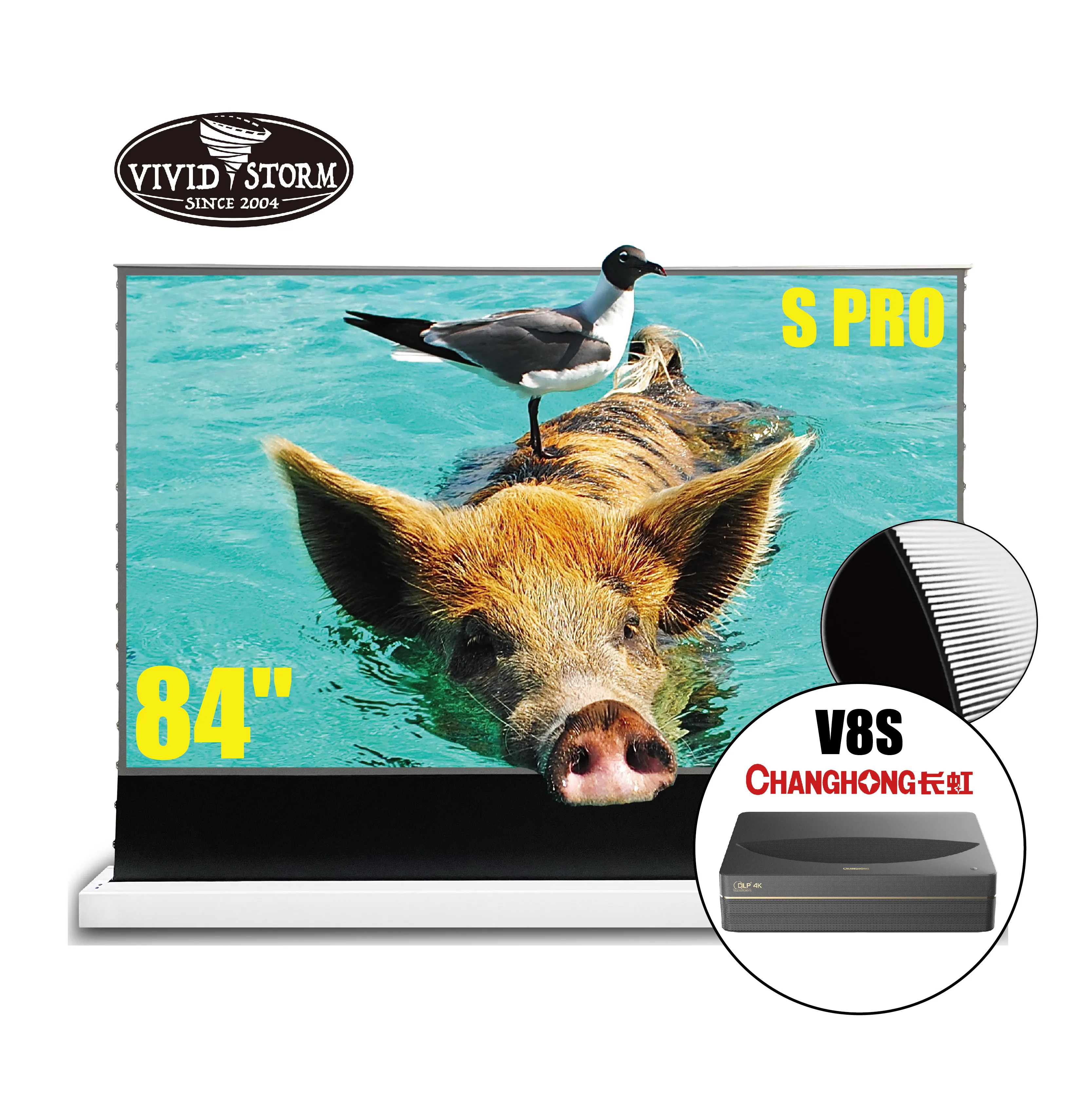 

VIVIDSTORM S PRO projector screen 84 inch rollable floor rising with CHANGHONG V8S 4k UST laser projector cinema screen