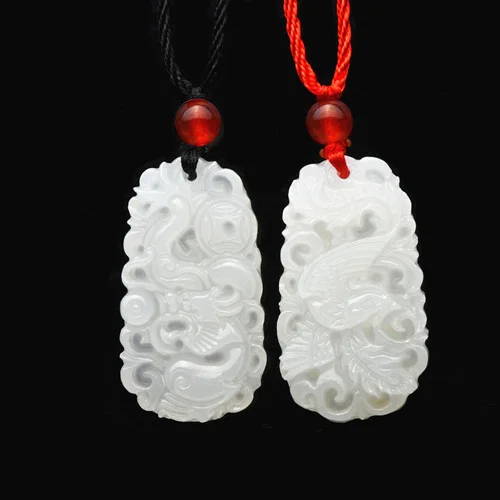 

Jade Dragon Phoenix Pendant White Amulet Necklace Carved Fashion Chinese Jewelry Women Gifts Charm Jadeite Men Natural