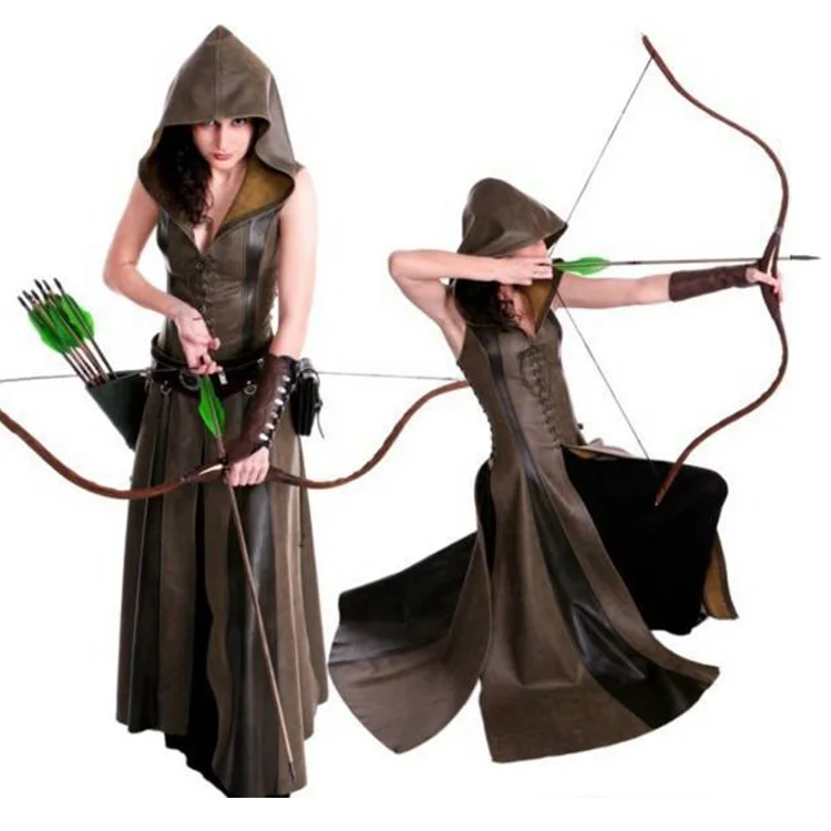 

Ecoparty Women's Medieval Vintage Archer Hooded Cosplay Costume Warrior Arrow Hoodie Leather Dress Cloak Sleeveless Vests, Picture color