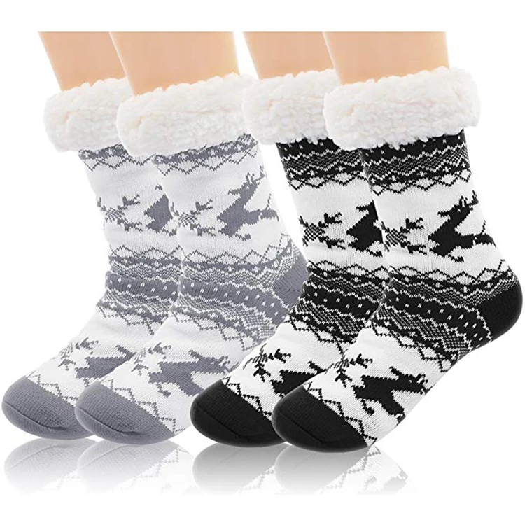 Wholesale custom cozy fleece indoor fuzzy winter women christmas warm slipper socks with grips