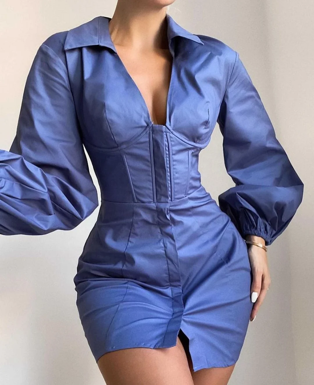 

Fashion V-neck lantern sleeve shirt skirt dress stylish sexy mini dresses women lady elegant, As picture or customized make
