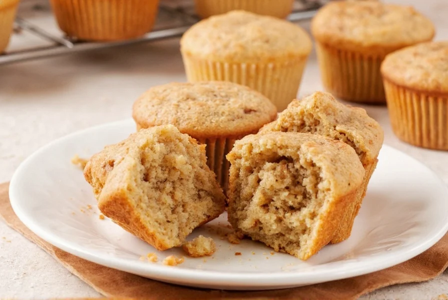 Professional food photography of golden brown cinnamon muffins with visible streusel topping on a rustic wooden table