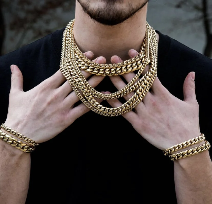 

Miss Jewelry Hip Hop Men Women 14K 18K White Multicolor Gold Plated CZ Diamond Iced Out Cuban Link Chain Bracelet Necklace, 14k gold / white gold