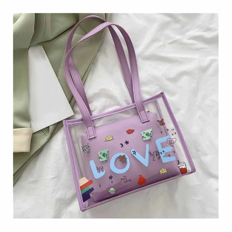

Trendy Women Cute Letter Printing Transparent PVC Jelly 2 In 1 Shoulder Bag Set Young Girls Fashion Large Commuting Tote Handbag
