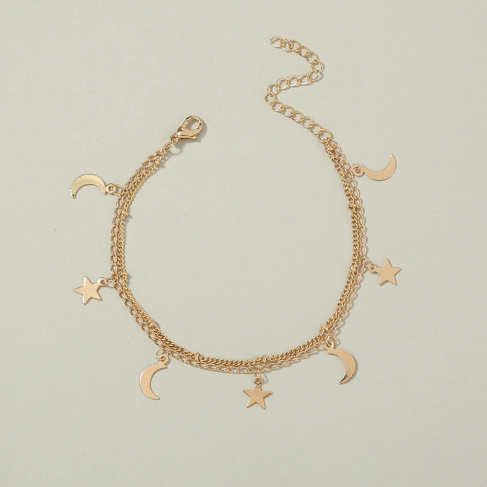 

Custom Accessories Star Moon Bracelets Charm Copper Jewelry 18k Gold Plated Beads Chain Bangle Bracelet Set Women