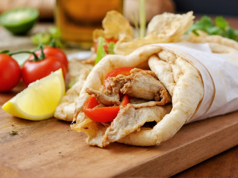 Fresh homemade gyro wrapped in parchment paper with lemon wedge garnish