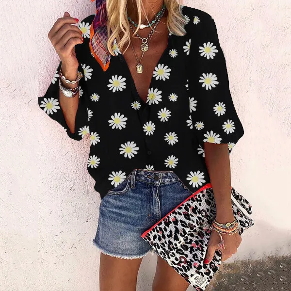 

2020 New arrival women v-neck long sleeve floral print button ladies top blouses