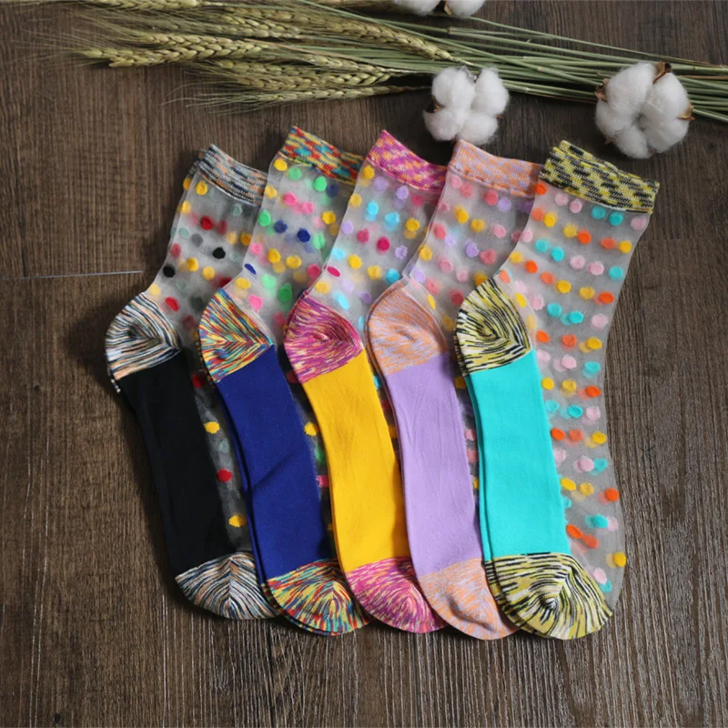 

Wholesale fashion lady cotton crystal silk transparent colored spot summer socks, As pic