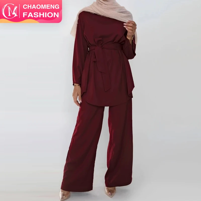 

2272# High Quality Pure Color Two Pieces Set Simple Blouse And Loose Wide Leg Pant Office Fashion Sets Muslim Modest Abaya Sets, Beige,mint green,purple,brown,wine,black,pink