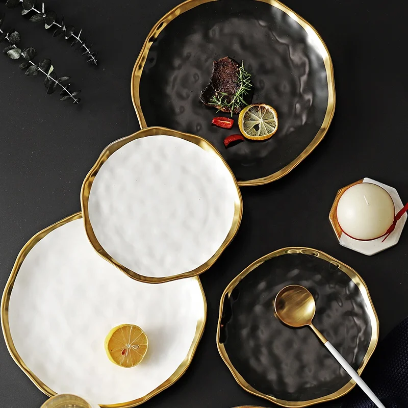 

High Quality Porcelain White Black Plates Sets Ceramic Dinner Dishes Set Dinnerware Gold Rim Plates Set, Black white
