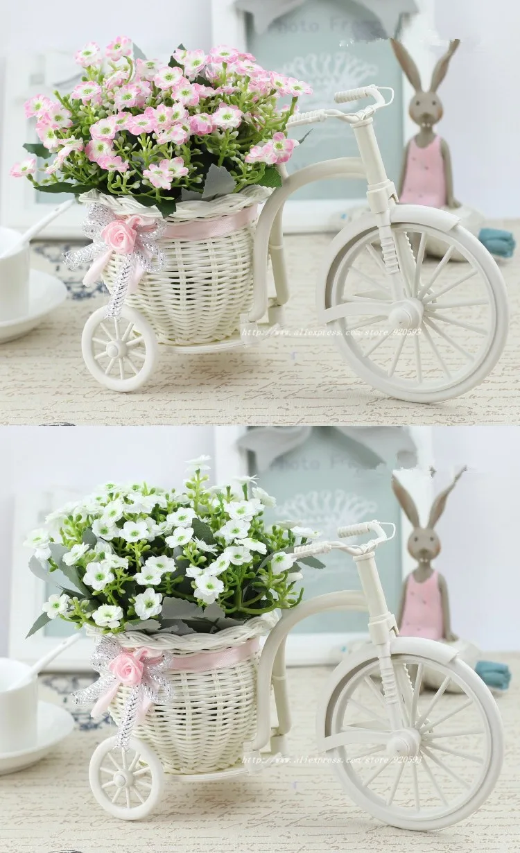 Colorful Silk Rattan Bike Vase With Mini Rose And Daisy Flowers