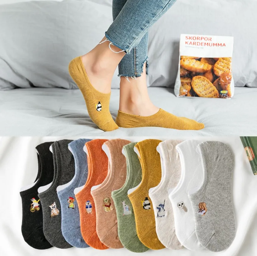 

Cotton Embroidered Animal Woman Socks Cool Invisible Sock Slippers Women Summer Boat No Show Socks