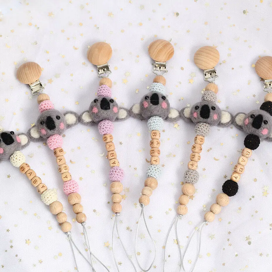 

New Crochet Wooden Beads Baby Pacifier Chain Baby Koala Shape Pacifier Holder Clip