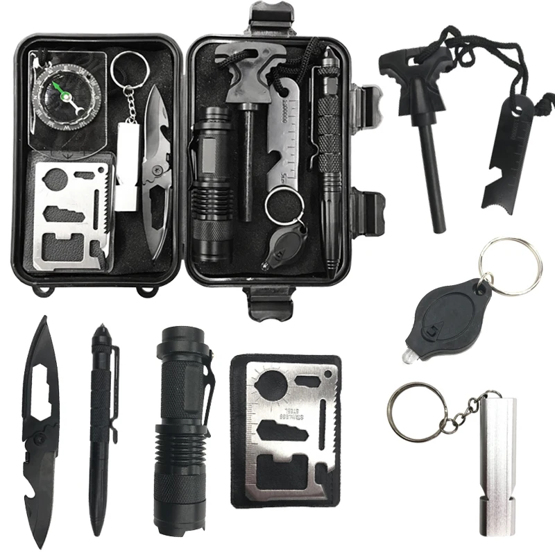 

ODETOOLS 8 in 1 Tactical Military Outdoor Tools Gear Camping Emergency Survival Kit, Black