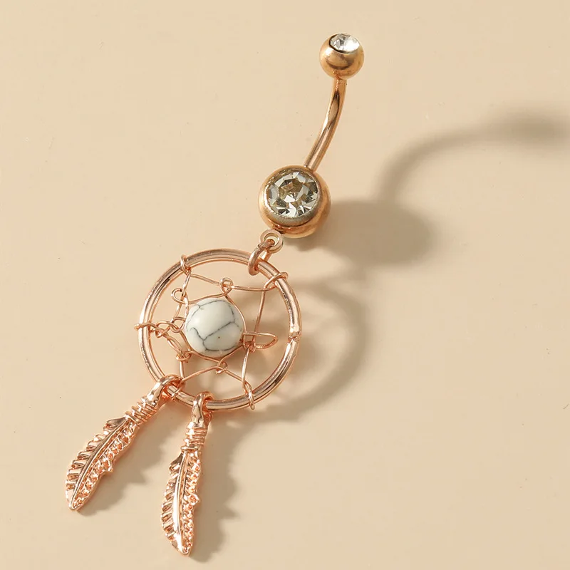 

HOVANCI Dropshipping surgical steel rhinestone dreamcatcher gold plated crystal gem dangle belly button ring, Gold,silver,rose gold