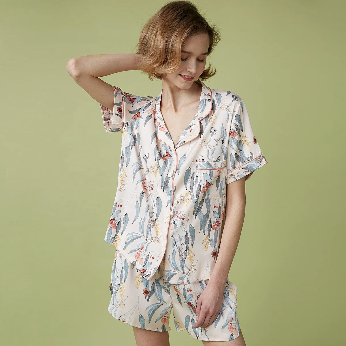 

Animal Print Silk Satin Short Sleeve Pajama Set