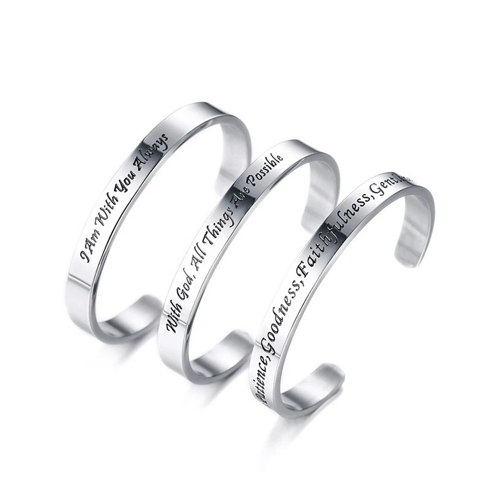 

Customized Women Open Bangle Silver Inspirational Engraved Stainless Steel Cuff Bracelet for Gifts