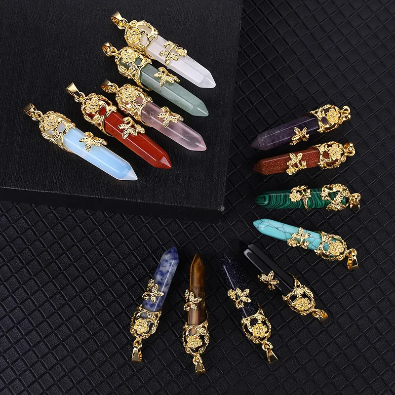 

Luxury Natural Crystal Healing Stone Hexagonal Column Necklace Pendants Rose Plum Blossom Bullet Gold Custom Pendant For Necklac