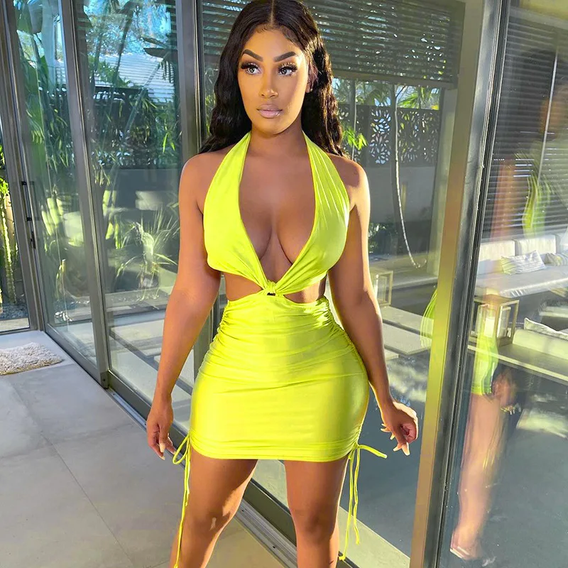 

Hanrong New Design Summer Sexy Party Dress Cut Out Top Drawstring Halter Backless Clubwear Sleeveless Slim V Neck Mini Dress, 5 colors