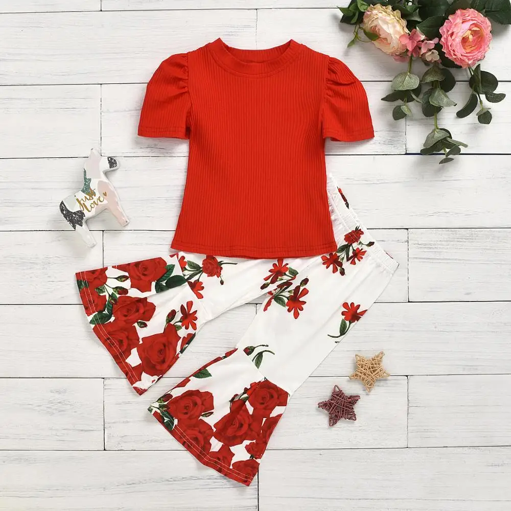 2020 Stylish Kids Girl Summer Clothing Set Knitted Short Sleeve Solid Red T-shirt +Rose Floral Printed Bell-Bottoms Outfit Set
